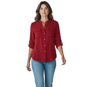 DKNYC Women's Blouse Sz M Red Button Front Top Roll Tab Long Sleeve Silky Shirt
